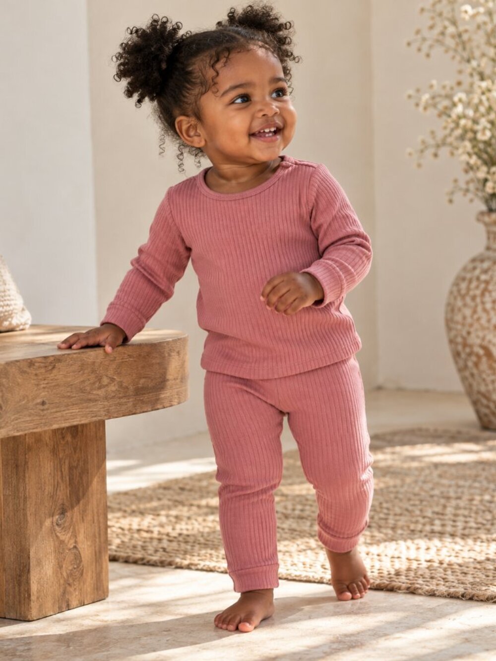 H&M Baby Girls Dusty Pink Ribbed Organic Cotton Top & Leggings Set 4-6M